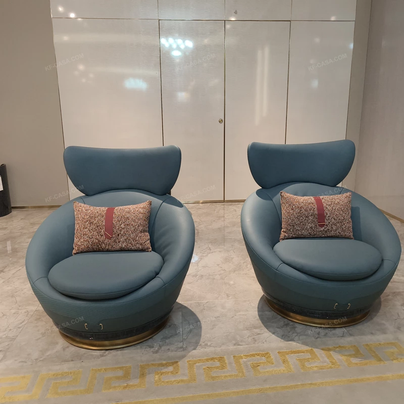 Dusty Blue Leather Lounge Chair with Elevated Headrest and High-Gloss Dark Back Panel